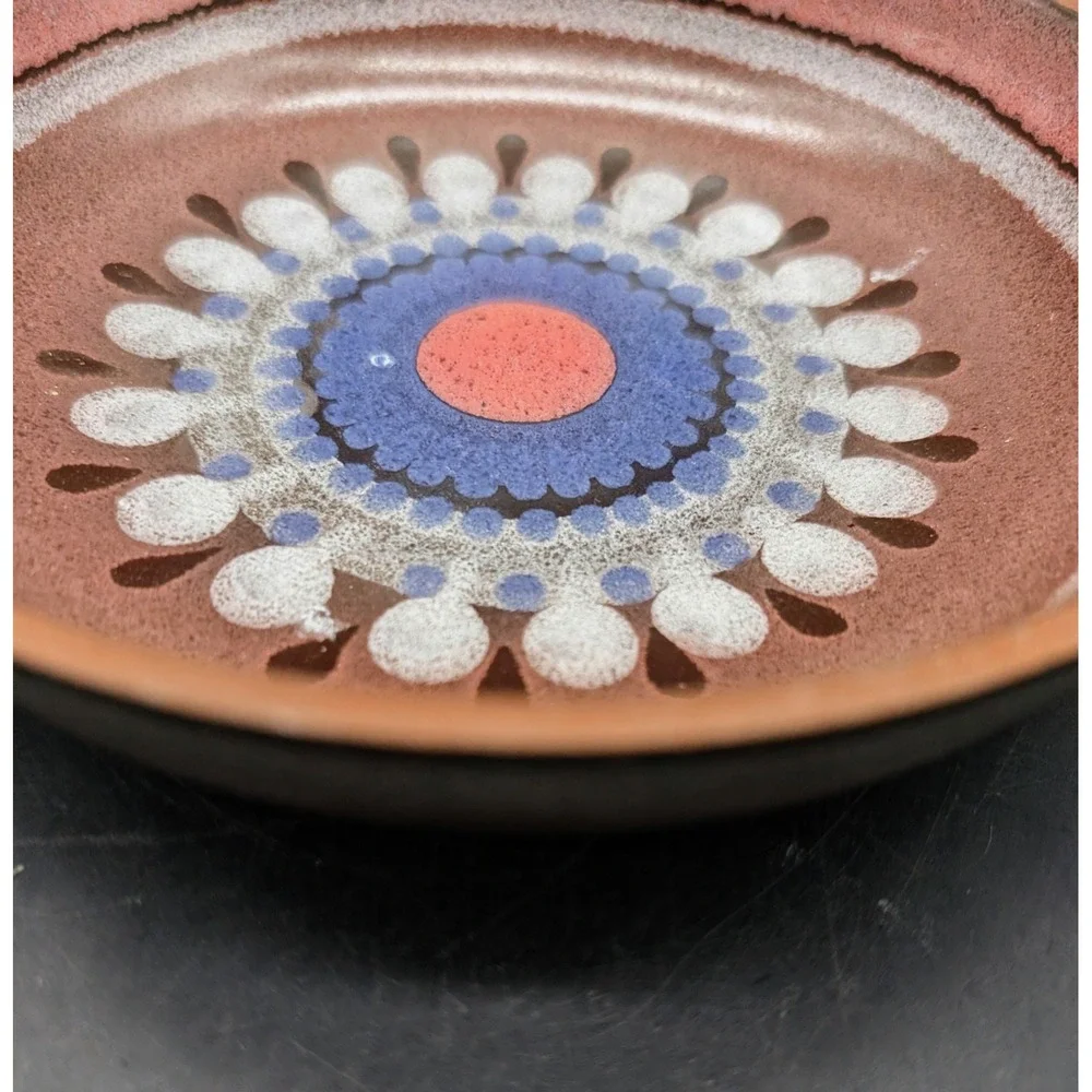 Mid Century Modern Studio Pottery Sunburst Mandala Bowl Brown Blue Red 8 inch